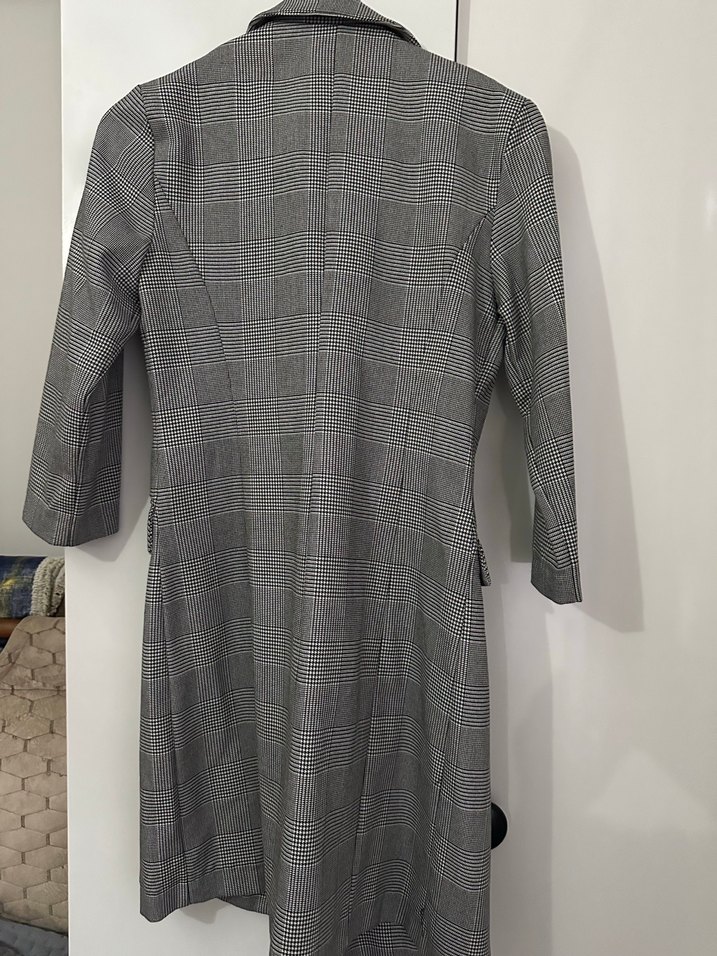 Kadın Gri Ekose Düğmeli Uzun Ceket - Görsel 3