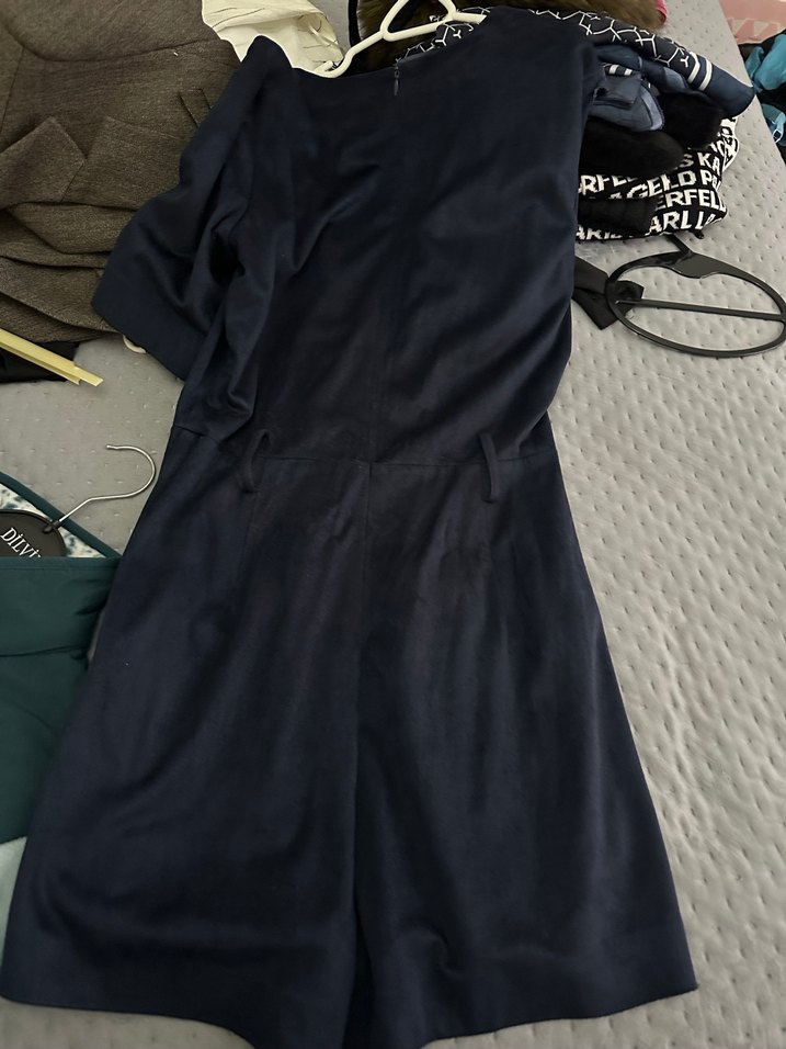 Kemerli Lacivert Süet Kadın Kaban - Görsel 3