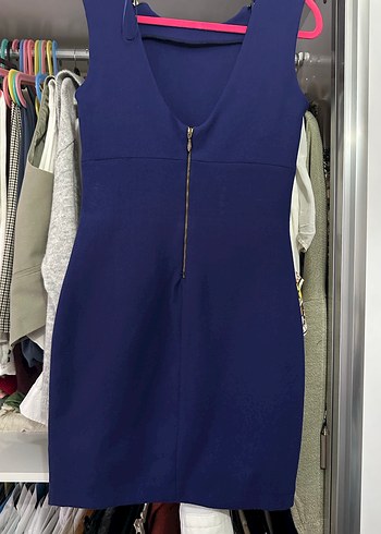 Koyu Mavi Drapeli V Yaka Midi Elbise - Görsel 2