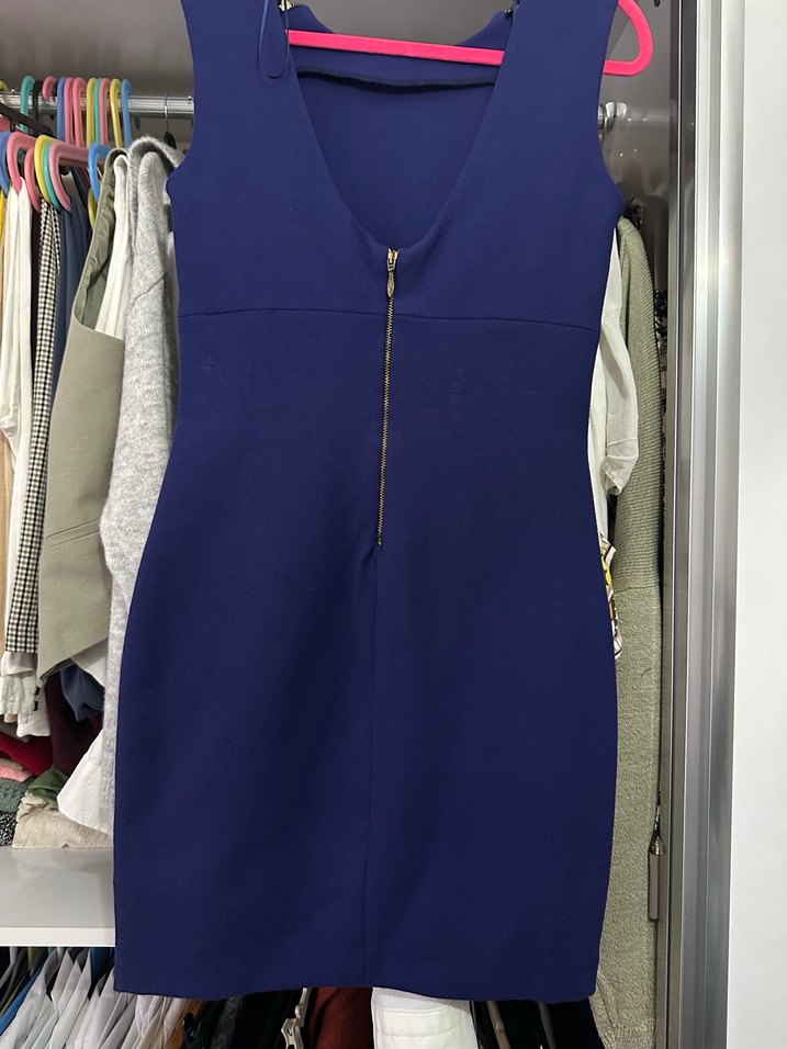 Koyu Mavi Drapeli V Yaka Midi Elbise - Görsel 2