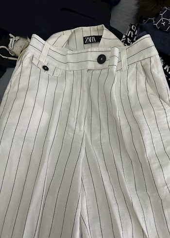 Kadın Beyaz Çizgili Keten Uzun Yelek - Görsel 3