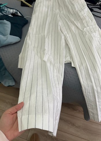 Kadın Beyaz Çizgili Keten Uzun Yelek - Görsel 4