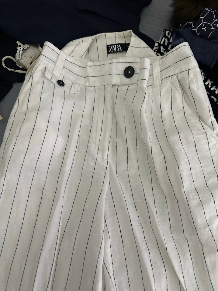 Kadın Beyaz Çizgili Keten Uzun Yelek - Görsel 3