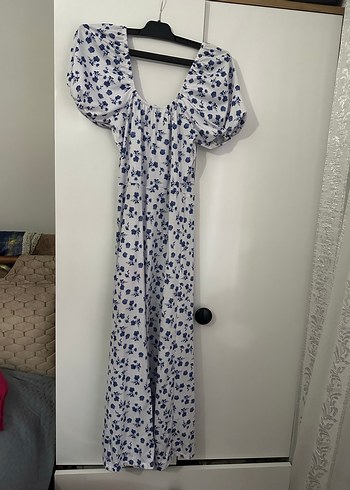 Bohem V Yaka Uzun Gri Beyaz Elbise - Görsel 2