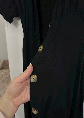 Düğmeli Siyah Keten Uzun Elbise - Görsel 2