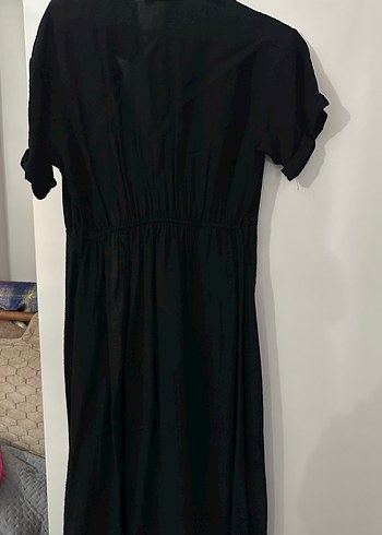 Düğmeli Siyah Keten Uzun Elbise - Görsel 3