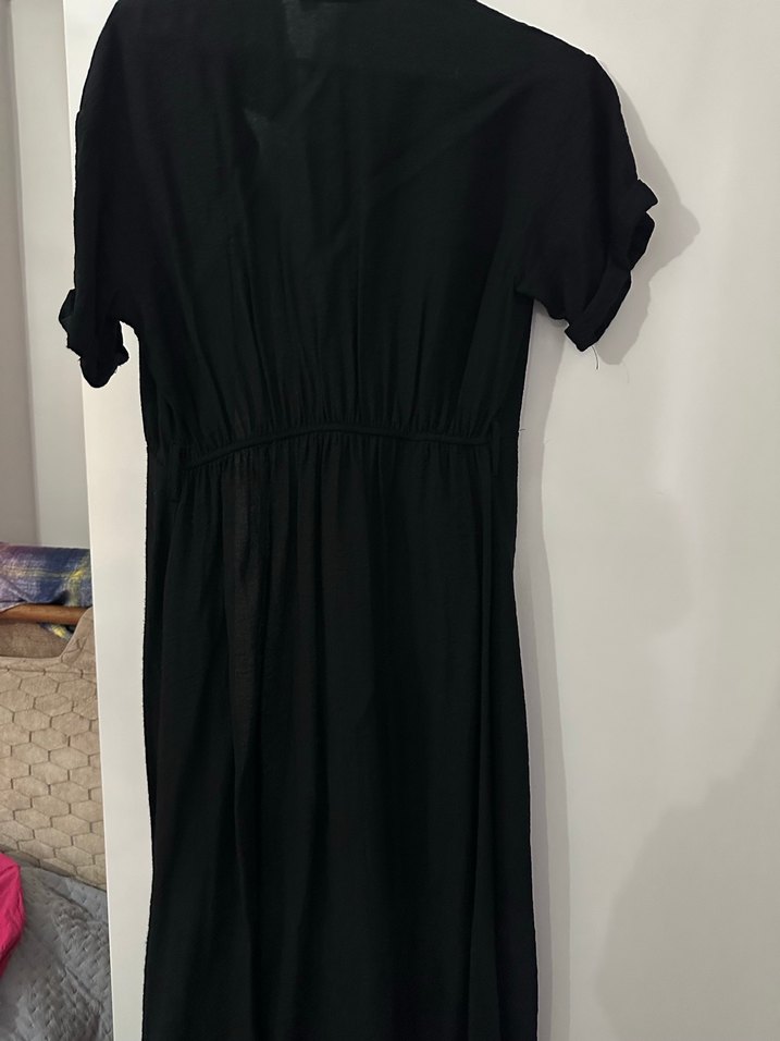 Düğmeli Siyah Keten Uzun Elbise - Görsel 3