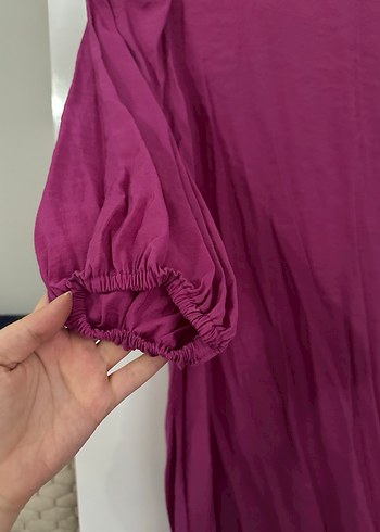 Mor Uzun Kollu Midi Keten Elbise - Görsel 2