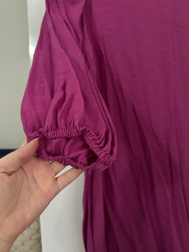 Mor Uzun Kollu Midi Keten Elbise - Görsel 2