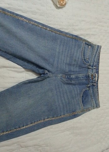 29 Beden Kadın Mavi taşlıı Fermuarlı Denim Pantolon