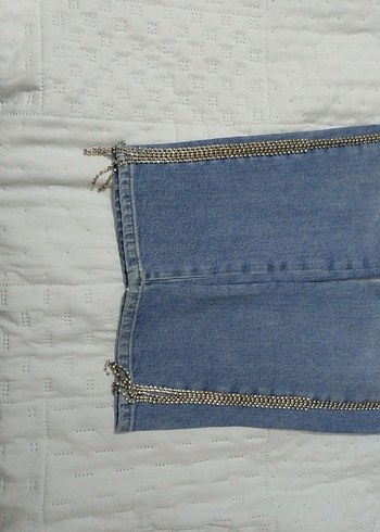 Kadın Mavi taşlıı Fermuarlı Denim Pantolon