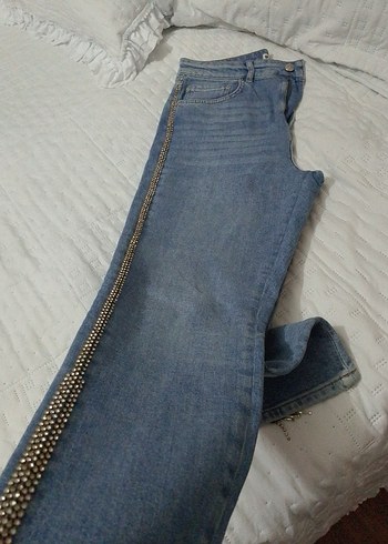 29 Beden mavi Renk Kadın Mavi taşlıı Fermuarlı Denim Pantolon