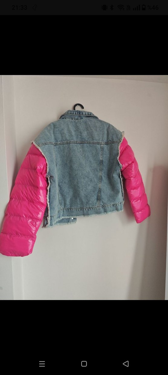 Düğmeli Pembe Kollu Denim Ceket - Görsel 4