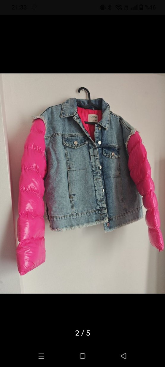 Düğmeli Pembe Kollu Denim Ceket - Görsel 2
