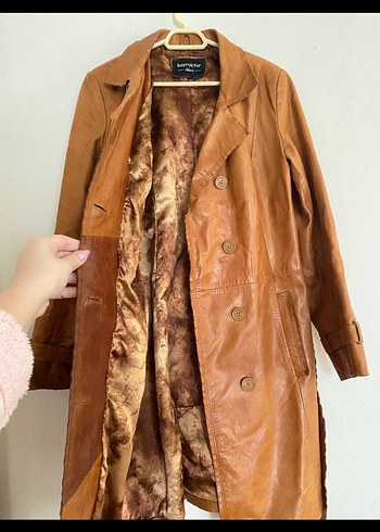 Bej hakiki Deri Kemerli Kadın Ceket - Görsel 2