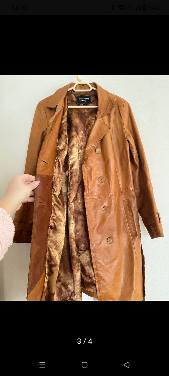 Kemerli Bej Deri Kadın Ceket - Görsel 2