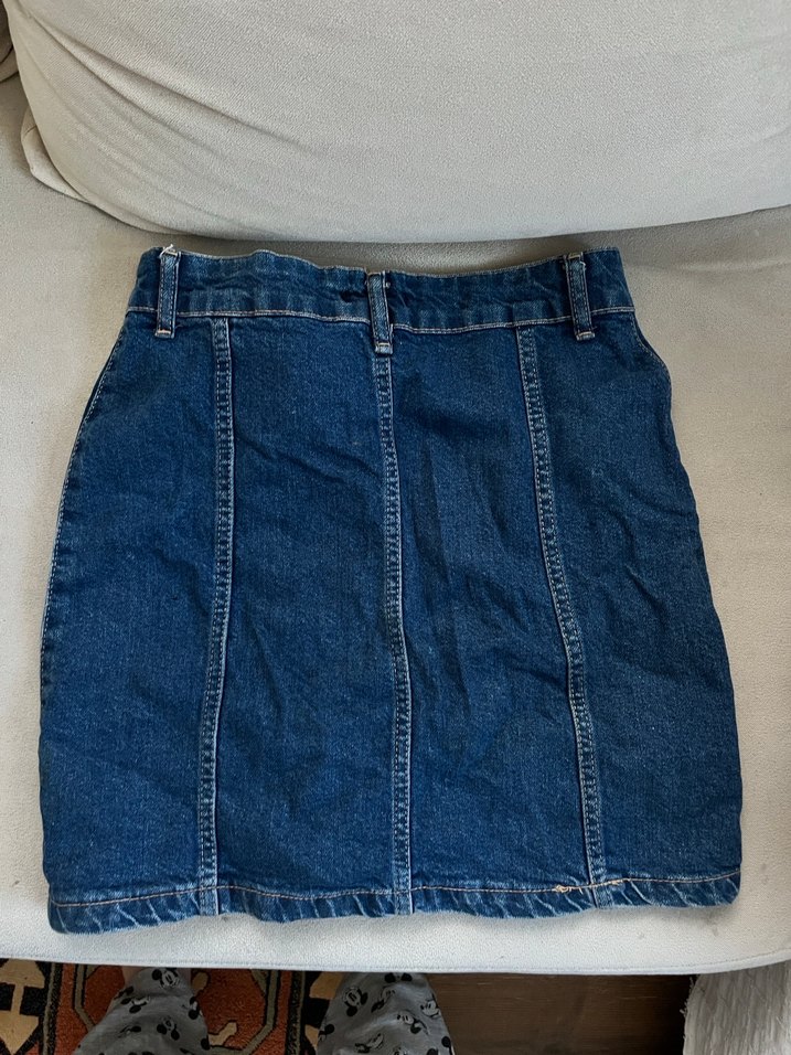 Düğmeli Koyu Mavi Denim Mini Etek - Görsel 2