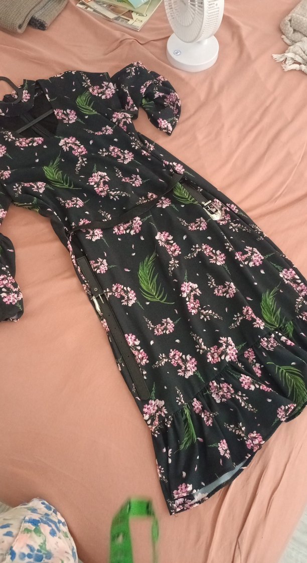 Pembe Çiçekli Uzun Kollu Midi Elbise - Görsel 5