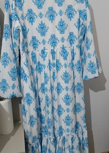 Mavi Bohem Uzun Kollu V Yaka Elbise - Görsel 3