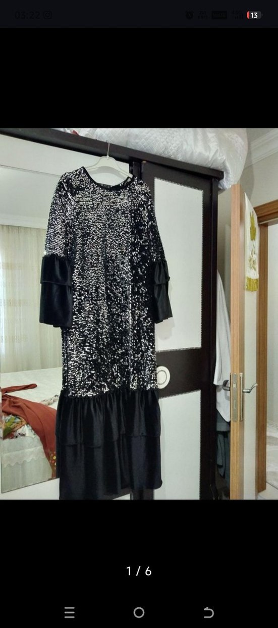 Siyah Uzun Kollu Fırfırlı Kadın Abiye Elbise - Görsel 2