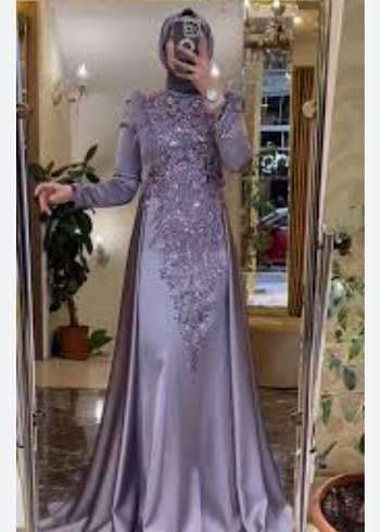 Pınar Şems Uzun Kollu Mor İşlemeli Abiye Elbise