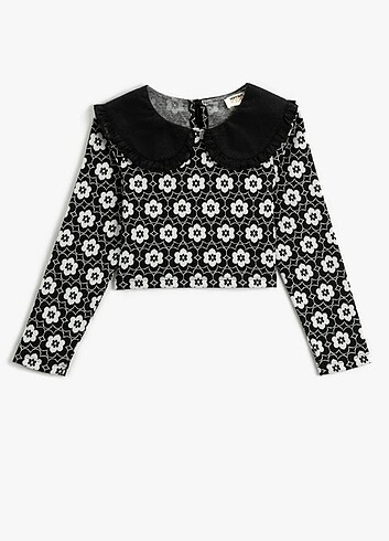 Siyah Çiçek Desenli Bebe Yaka Crop Tişört - Görsel 6