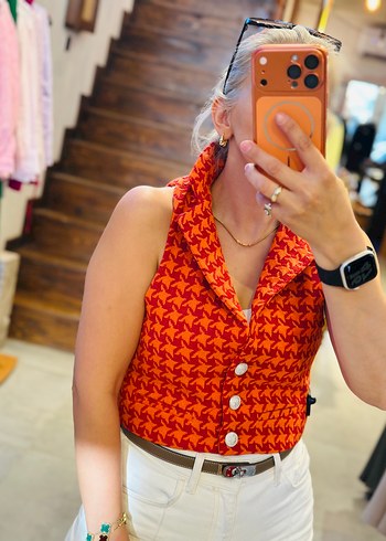 Diğer Turuncu Houndstooth Kolsuz Yelek