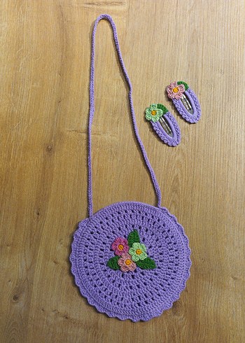 Mor İşlemeli Dantel Çiçekli Bohem Çanta ve Toka Seti - Görsel 2