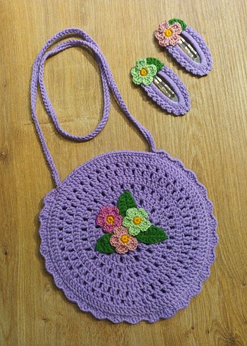 Mor İşlemeli Dantel Çiçekli Bohem Çanta ve Toka Seti - Görsel 3