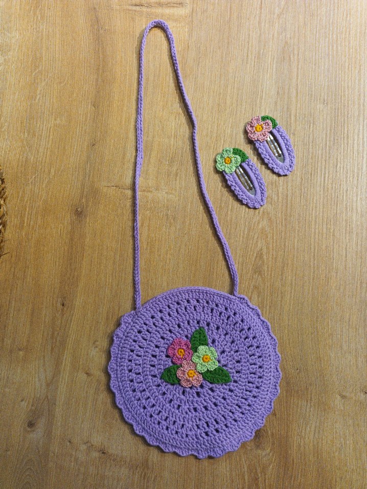 Mor İşlemeli Dantel Çiçekli Bohem Çanta ve Toka Seti - Görsel 2