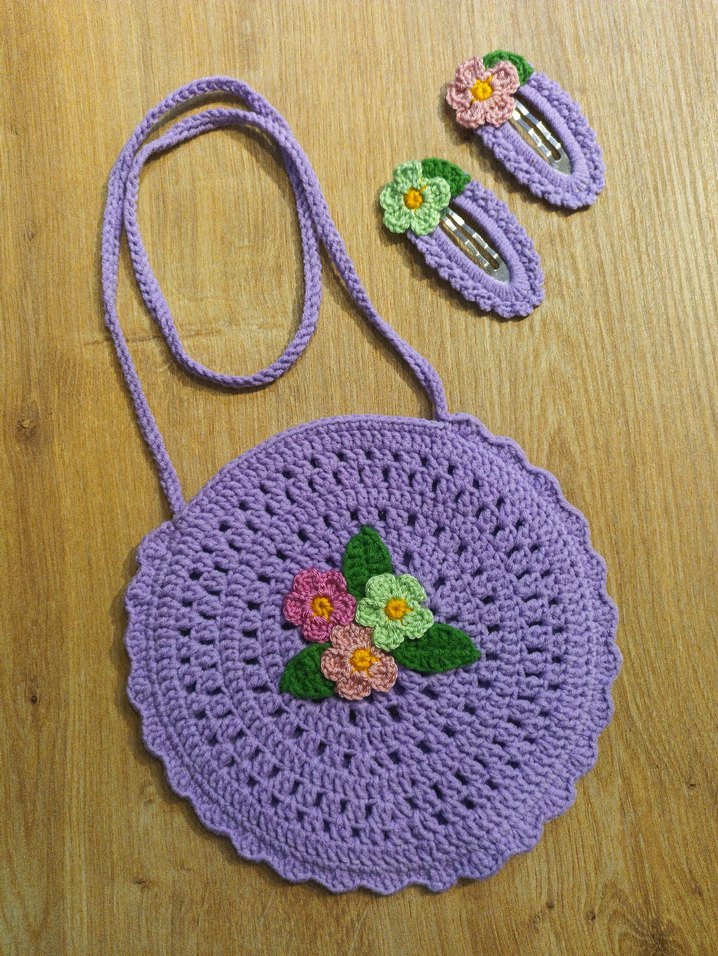 Mor İşlemeli Dantel Çiçekli Bohem Çanta ve Toka Seti - Görsel 3