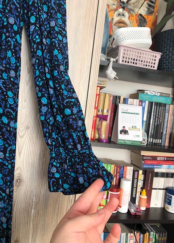 Uzun Kollu V-Yaka Mavi Bohem Elbise - Görsel 4