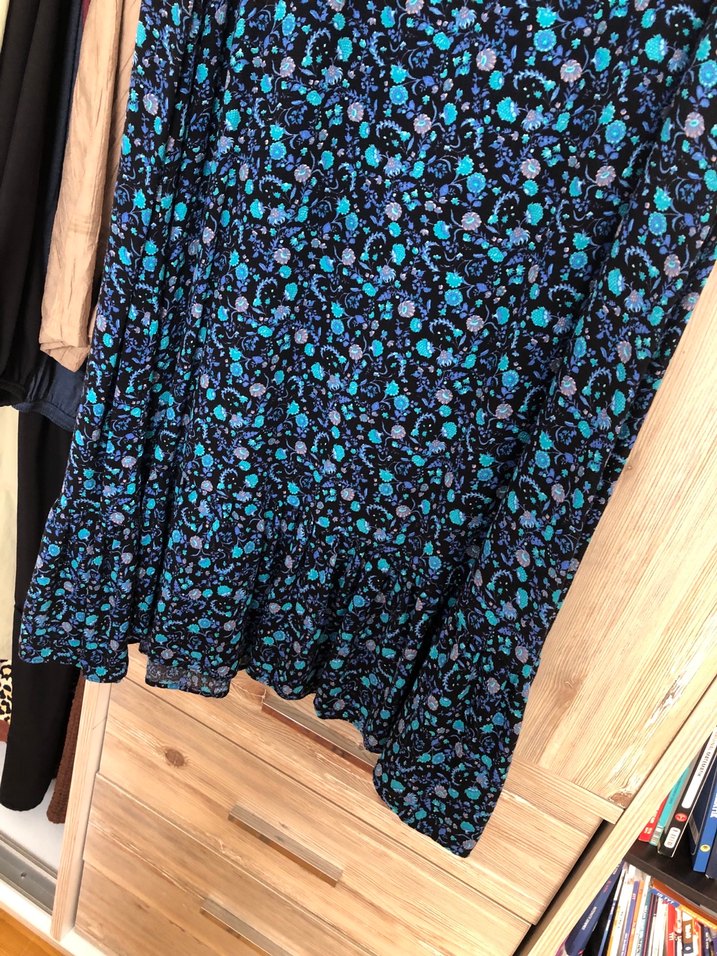 Uzun Kollu V-Yaka Mavi Bohem Elbise - Görsel 2