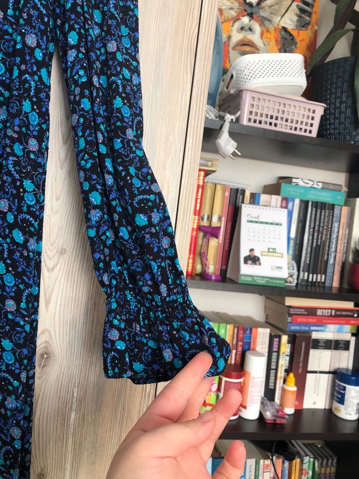 Uzun Kollu V-Yaka Mavi Bohem Elbise - Görsel 4