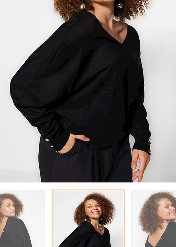 Düğmeli V Yaka Siyah Rahat Kadın Kazak - Görsel 2