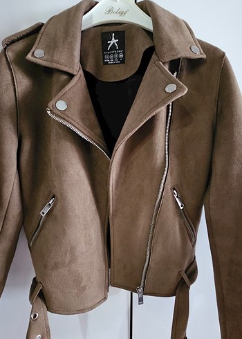 Kahverengi Süet Kemerli Biker Ceket - Görsel 2