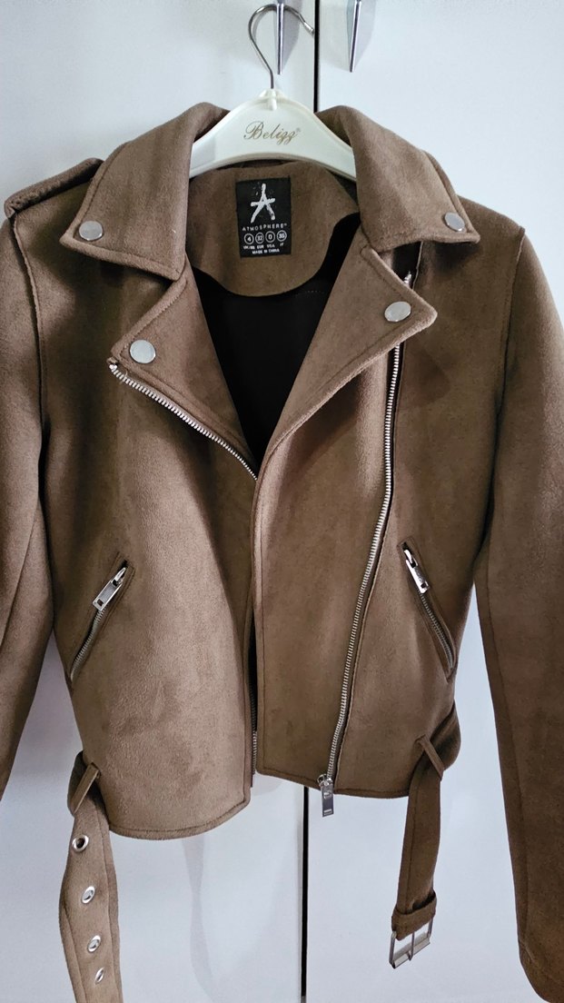 Kahverengi Süet Kemerli Biker Ceket - Görsel 2