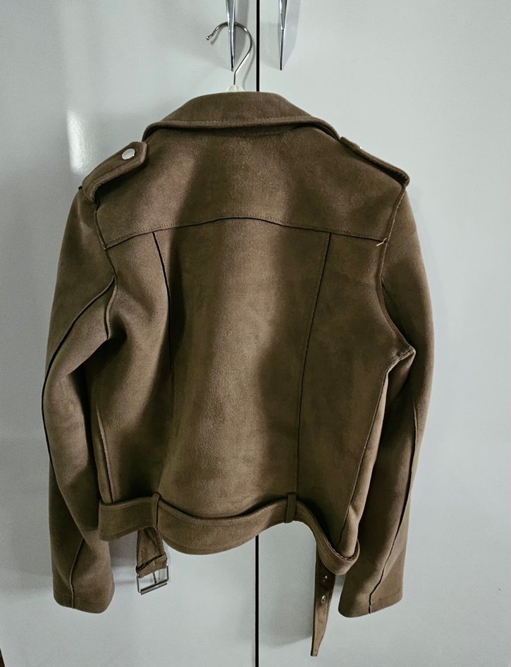 Kahverengi Süet Kemerli Biker Ceket - Görsel 3