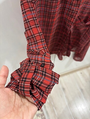 m Beden kırmızı Renk Ekoseli Şifon Crop Gömlek