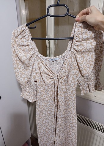 Bej Çiçek Desenli Bohem Mini Elbise - Görsel 3