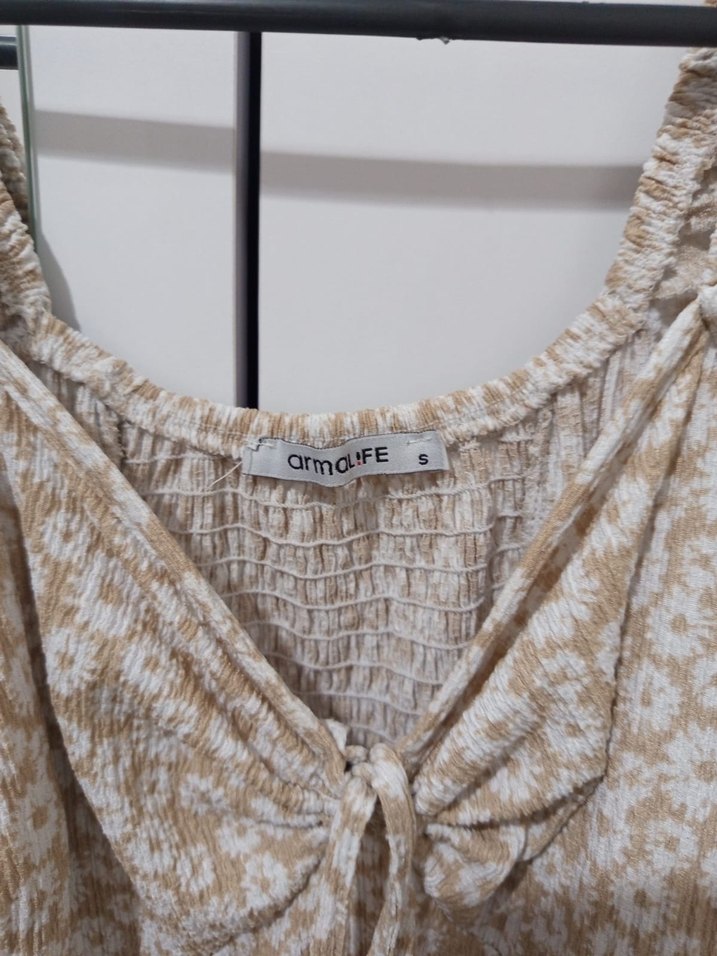 Bej Çiçek Desenli Bohem Mini Elbise - Görsel 2