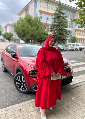 Kırmızı Uzun Kollu Tesettür Kına Elbisesi - Görsel 7