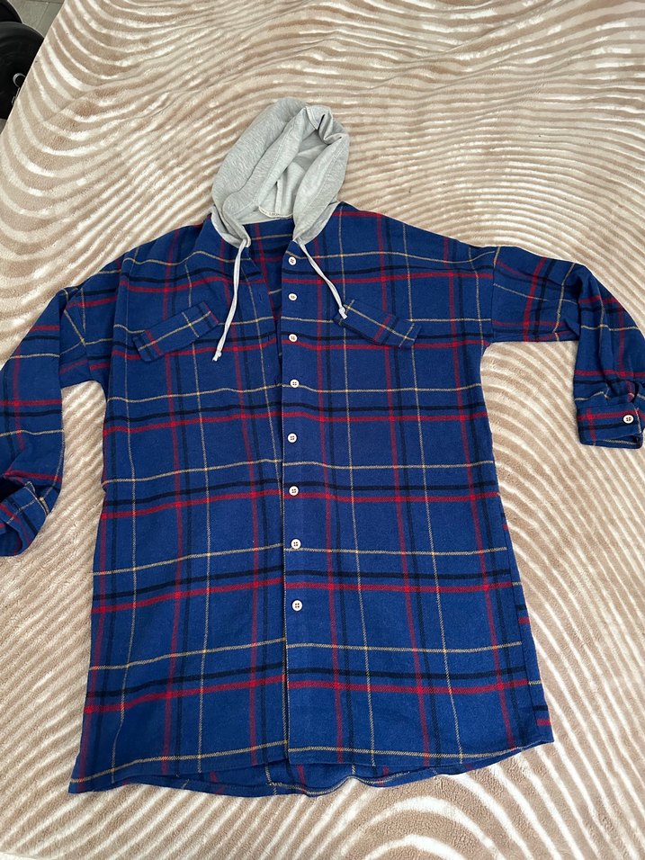 Kapüşonlu Gri Mavi Kareli Kadın Gömlek - Görsel 4