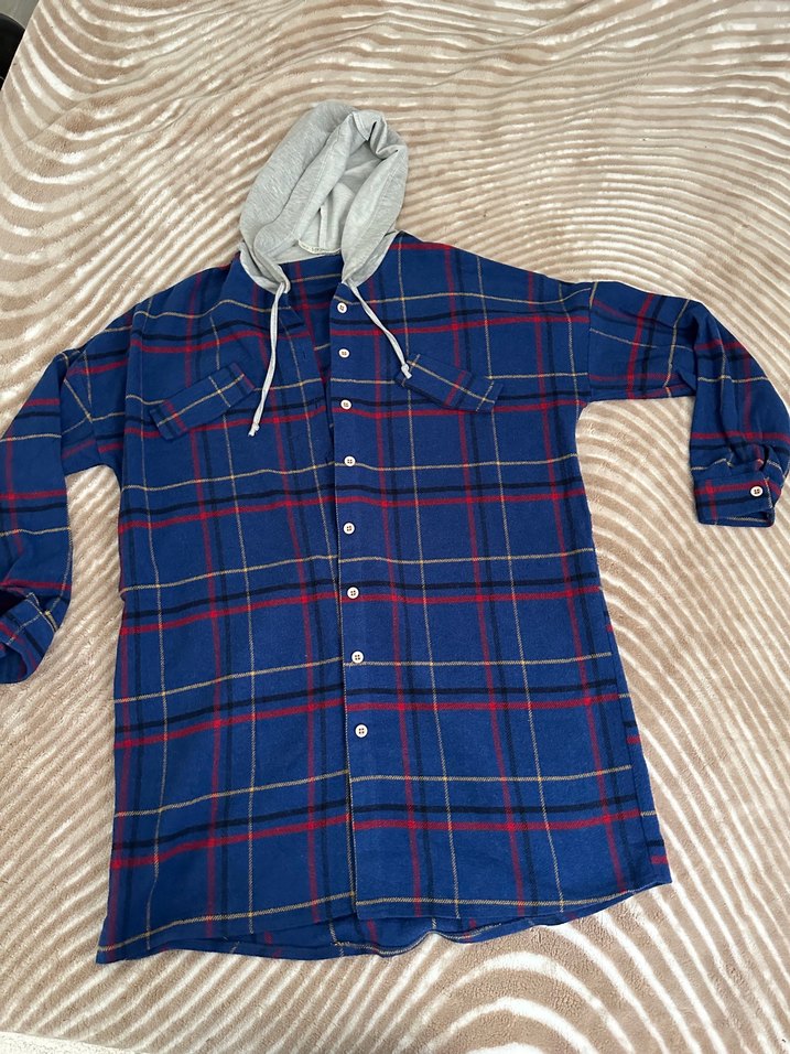 Kapüşonlu Gri Mavi Kareli Kadın Gömlek - Görsel 3