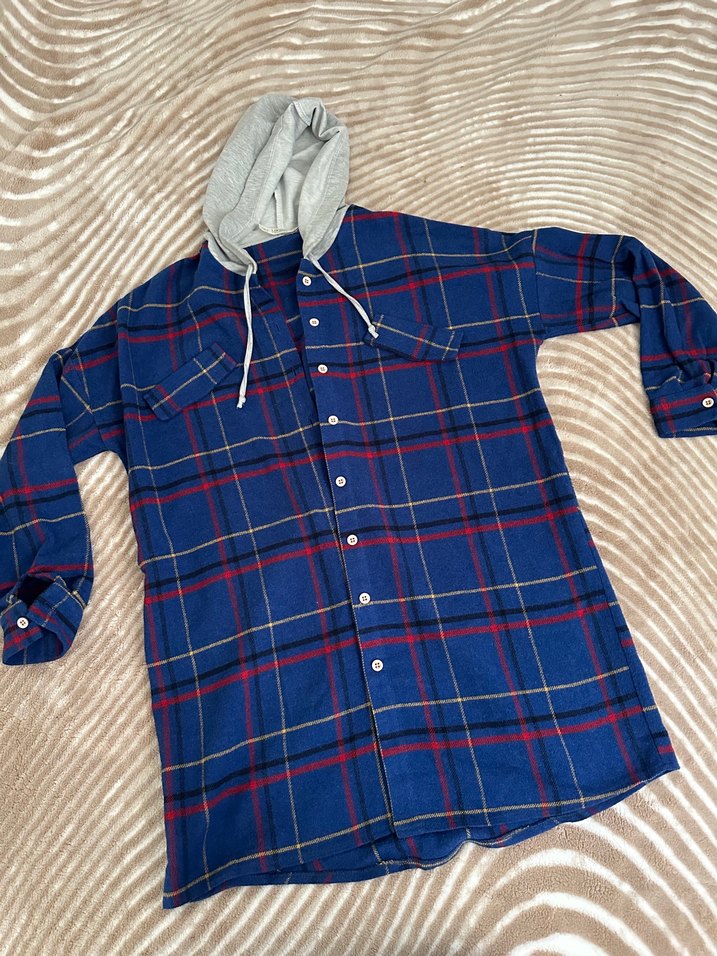 Kapüşonlu Gri Mavi Kareli Kadın Gömlek - Görsel 2