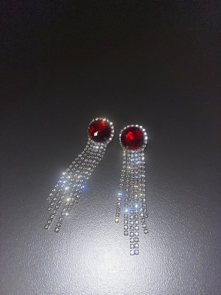 Bijuteri Kırmızı Taşlı Püsküllü Kadın Küpe - Görsel 2