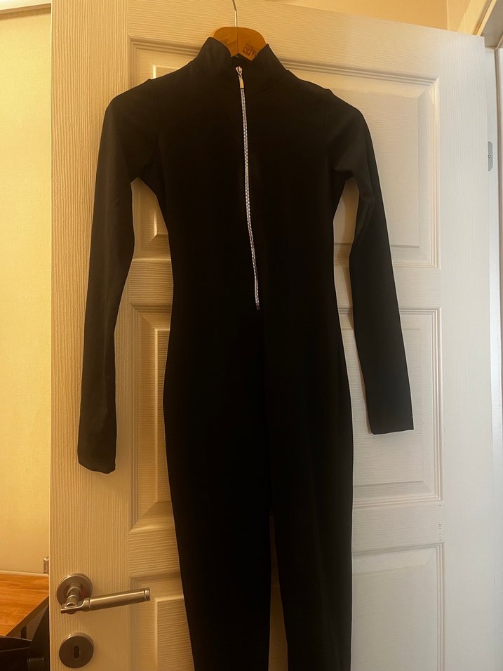 Metal Fermuarlı Siyah Uzun Kollu Tulum - Görsel 5