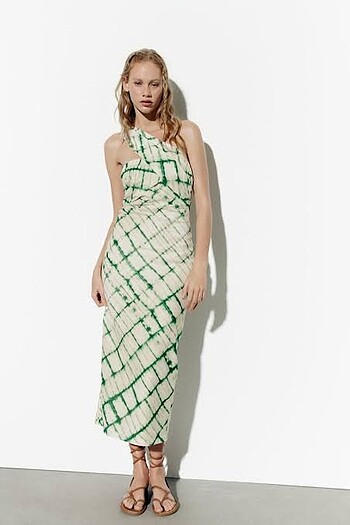 Zara Saten Midi Desenli Elbise