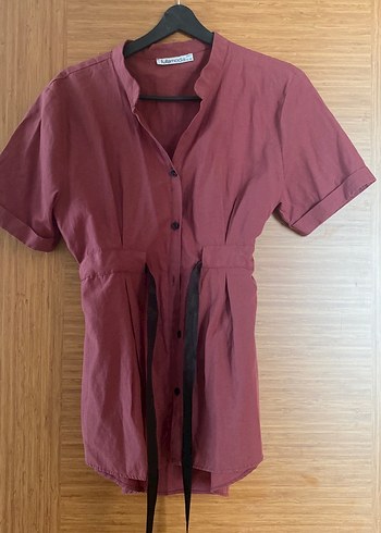 Bordo Kemerli Keten Midi Gömlek - Görsel 2