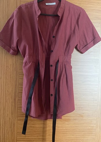 Bordo Kemerli Keten Midi Gömlek - Görsel 3